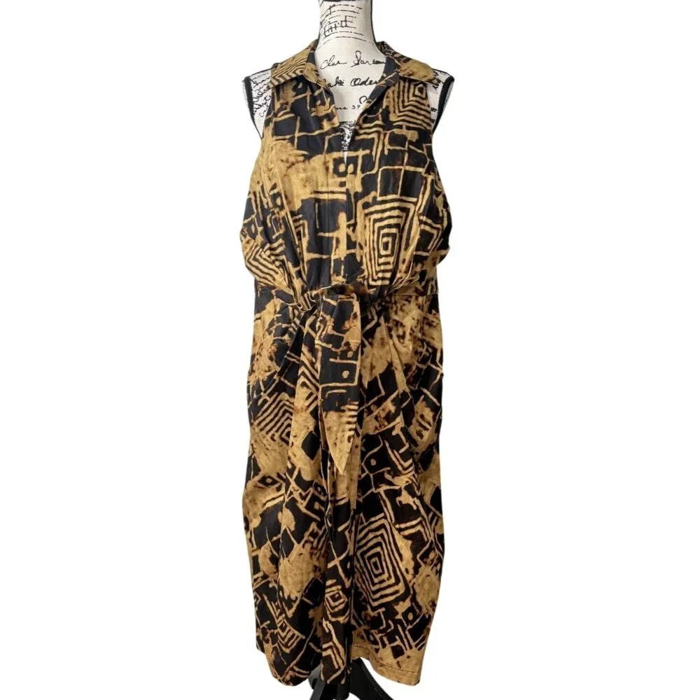 Donna Karan Womens Sleeveless Printed Tie-Front Shirt Dress Black Tan Size 12 - Picture 2 of 10